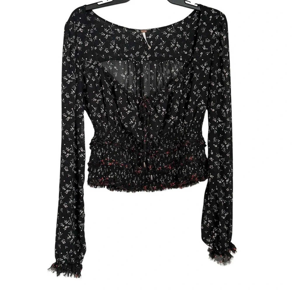 Free People Lolita Floral Blouse Top Womens Size L Black Coquette Milkmaid Boho